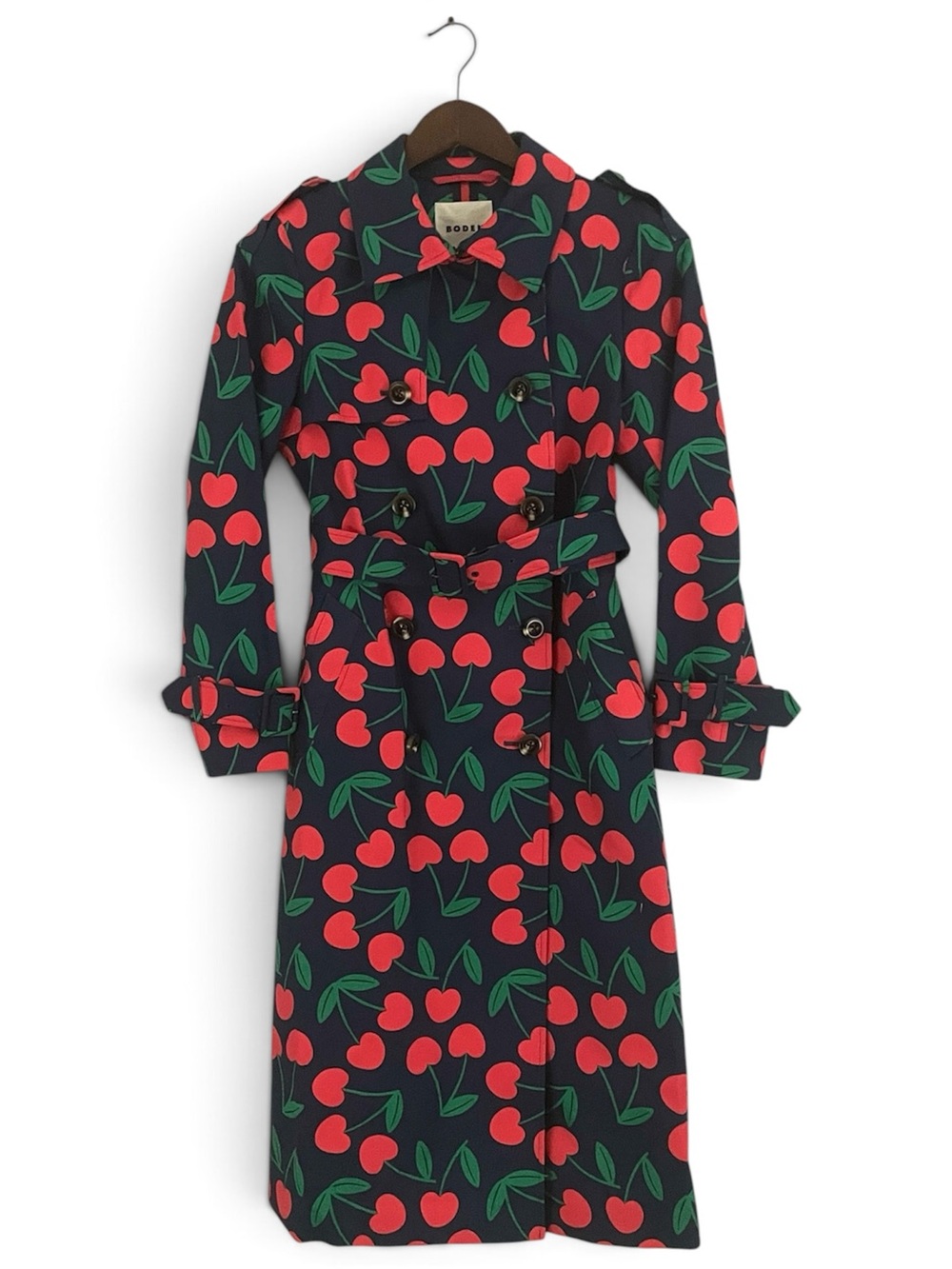 Boden Cheltenham Trenchcoat, French Navy Cherry Scatter, Size 2 Petite Excellent
